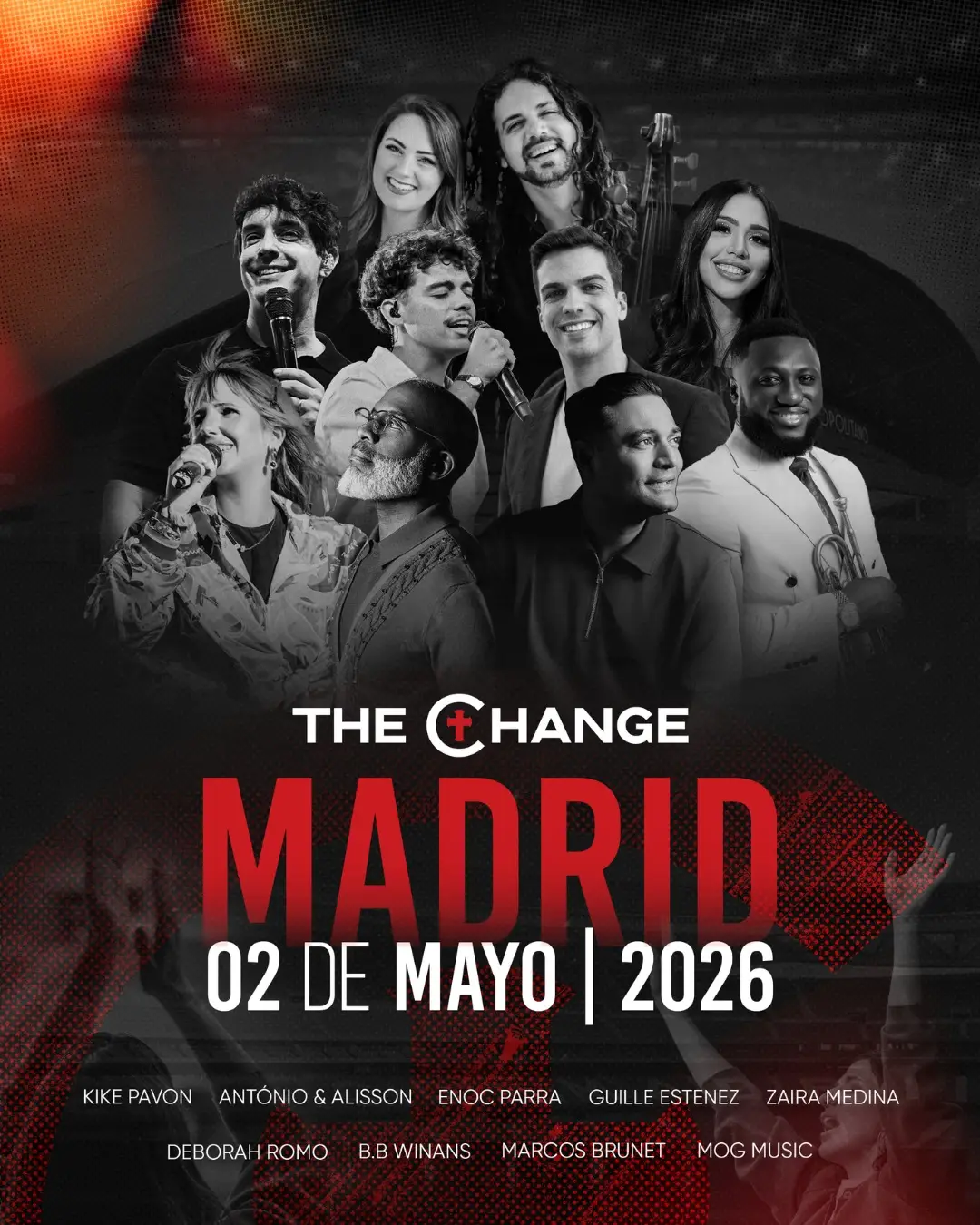 Grupo de cantantes y animadores litúrgicos que ilustran el cartel del evento The Change